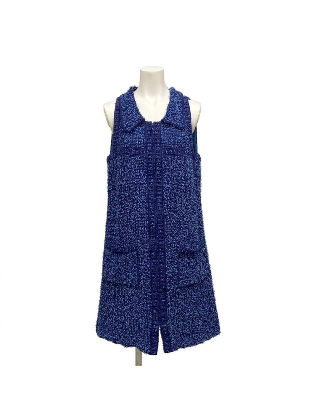 Chanel Dress M Blue Tweed Zip Up Cotton 38